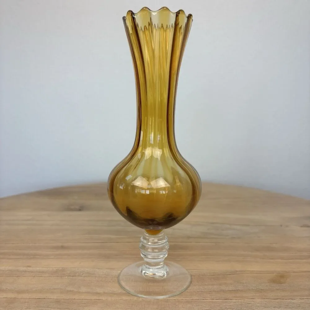 Vintage Art Glass Bud Vase Yellow Amber Clear Stem Hand Blown Scalloped Edge - Picture 1 of 9